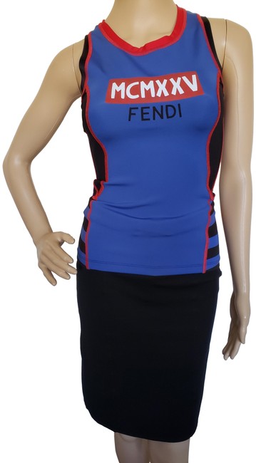 Fendi Multicolor Black Blue Zucca Logo Sleeveless Tee Shirt
