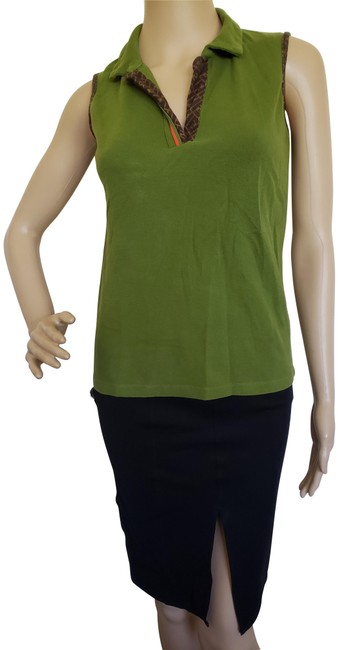 Fendi Multicolor Olive Green Zucca Logo Trim Sleeveless Polo Blouse 