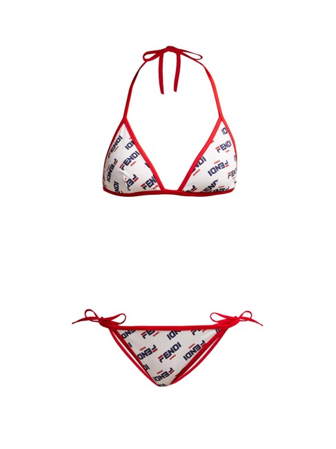 Fendi Multicolor White Mania Logo print Triangle Bikini Set