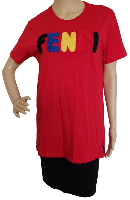 Fendi Red Multicolor Logo Printed Sleeve T shirt Tee Shirt 