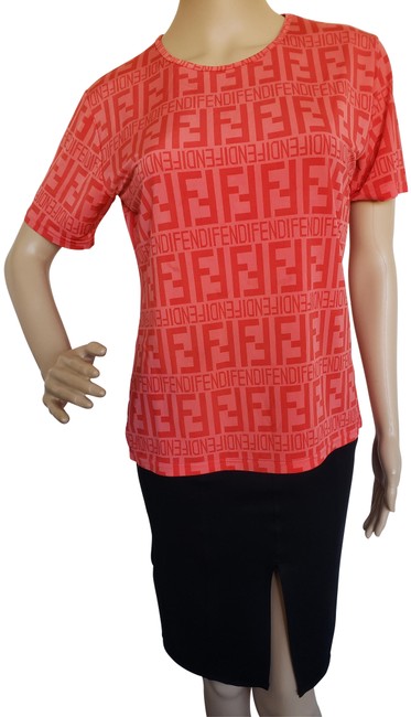 Fendi Red Vermillion Ff Monogram Zucca Sleeve Tee Shirt 