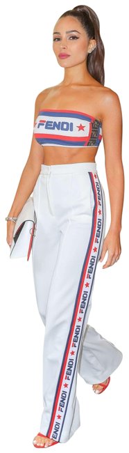 Fendi White Jersey Logo Printed Knit Track High rise Pants