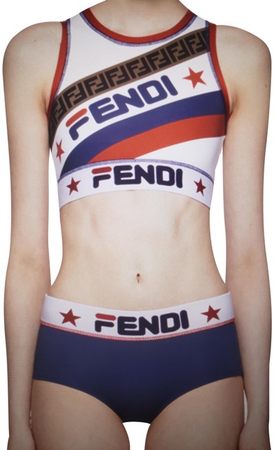 Fendi White Multicolor Mania Logo print Shorts Top Gym Bikini Set