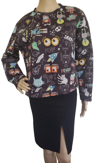Fendi White Multicolor Monster Eyes Logo Print Black Sweater