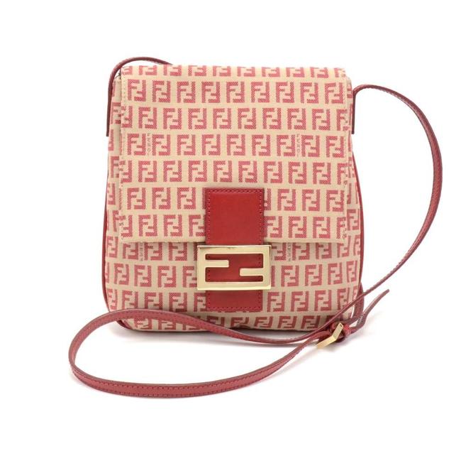 Fendi Beige Zucchino Monogram Flap Red Canvas Cross Body Bag 