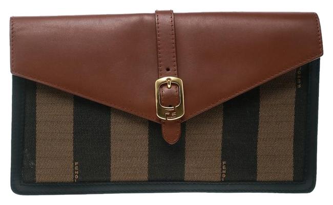 Fendi And Pequin Canvas Envelope Brown Leather Clutch 
