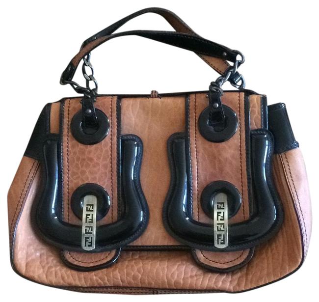 Fendi W B. W Brass Hardware Caramel with Patent Trim. Brown Black Leather Satchel 