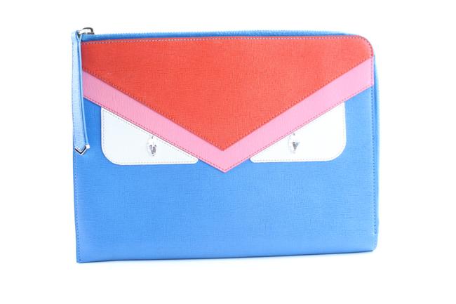 Fendi "Bag Bugs" Flat 7fr0508 Blue Saffiano Leather Clutch 