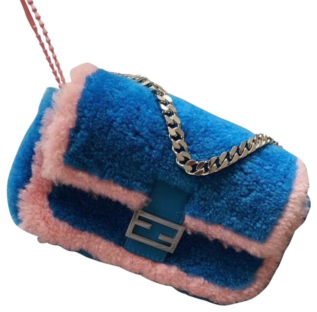 Fendi Baguette Blue and Pink Shearling Wool Clutch 