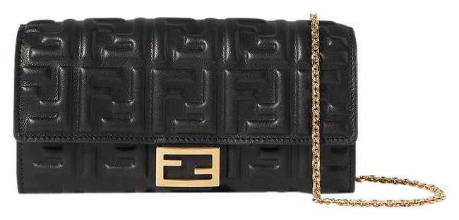 Fendi Baguette Continental Chain Wallet Black Nappa Leather Cross Body Bag 