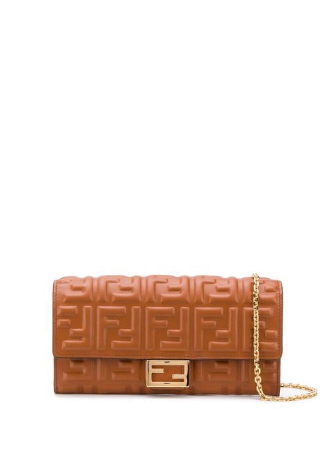 Fendi Baguette Continental Chain Wallet Brown Nappa Leather Cross Body Bag 