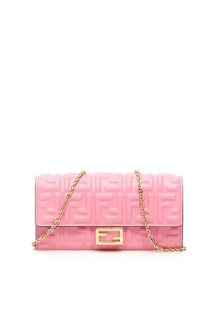 Fendi Baguette Continental Chain Wallet Pink Nappa Leather Cross Body Bag 