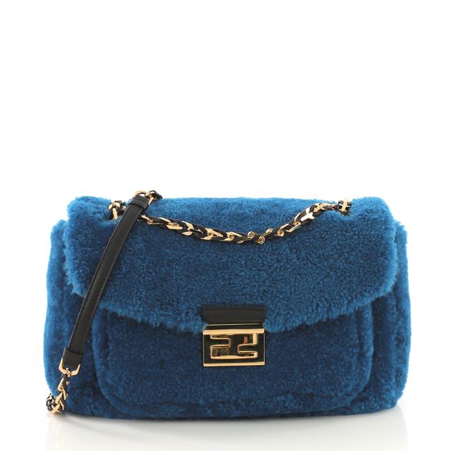 Fendi Baguette Medium Blue Shearling Wool Satchel 