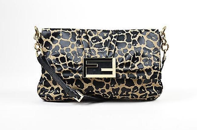 Fendi Black Tan Twill Leopard Print Crossbody Flap Bag 