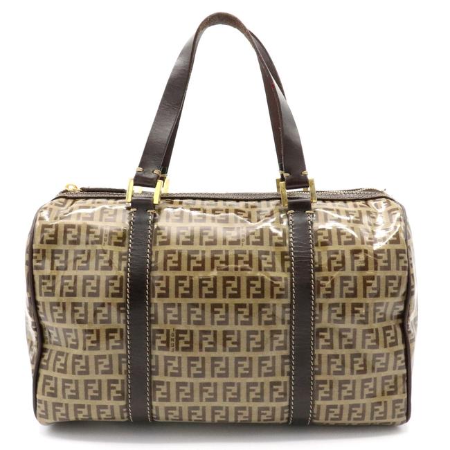 Fendi Boston Bag Handbag Mini Dark Brown  Khaki Coated Canvas  Leather Satchel 