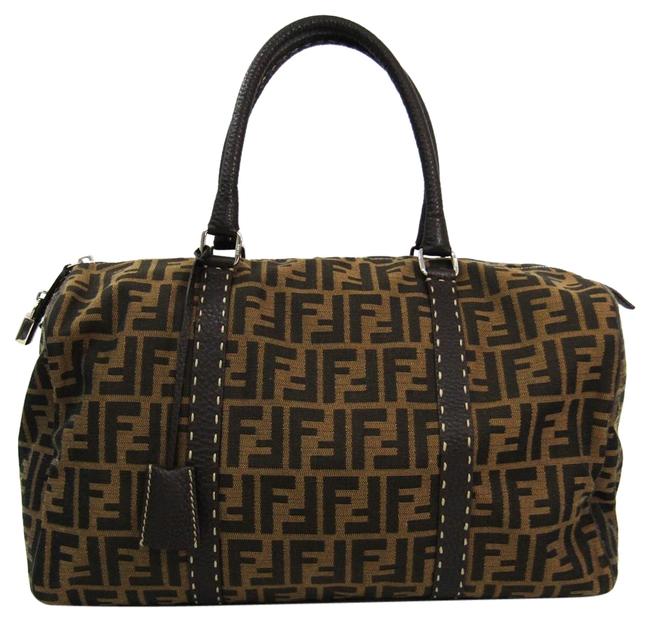 Fendi Boston Bag Zucca 8bl062 Women&s Beige  Dark Brown Canvas  Leather Satchel 