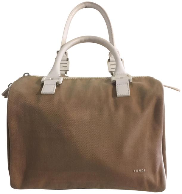 Fendi Boston Purse White and Tan Leather Canvas Plastc Satchel 