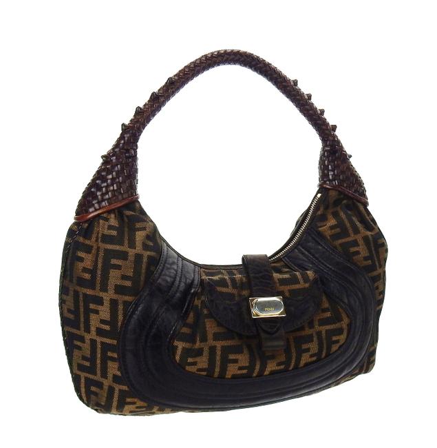 Fendi Braided Spy Brown Zucca Monogram Leather Hobo Bag 