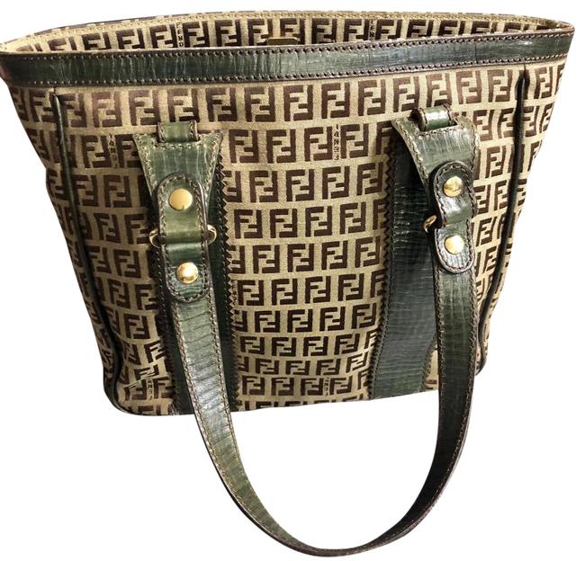 Fendi Brown and Green Canvas Leather Satchel 