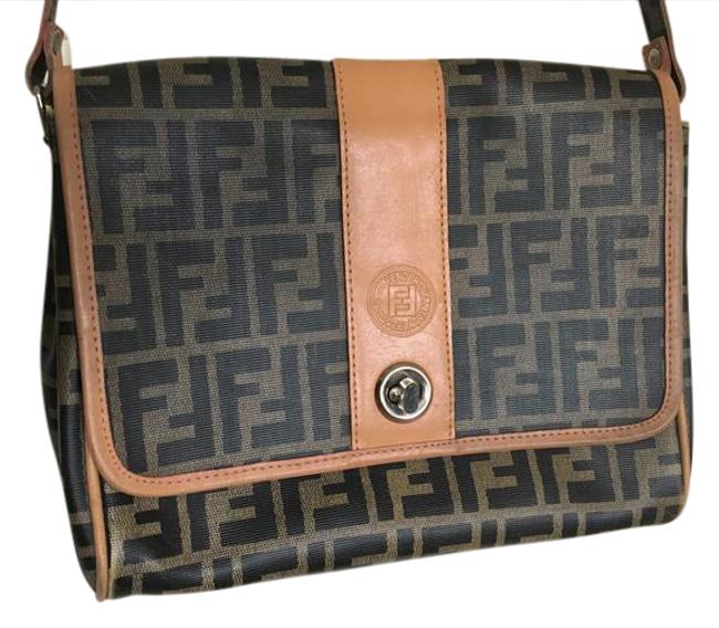 Fendi Brown Leather  Canvas Cross Body Bag 