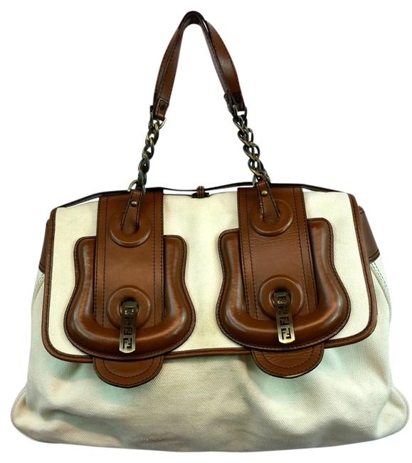 Fendi Brown Leather Trim Creme Canvas Satchel 