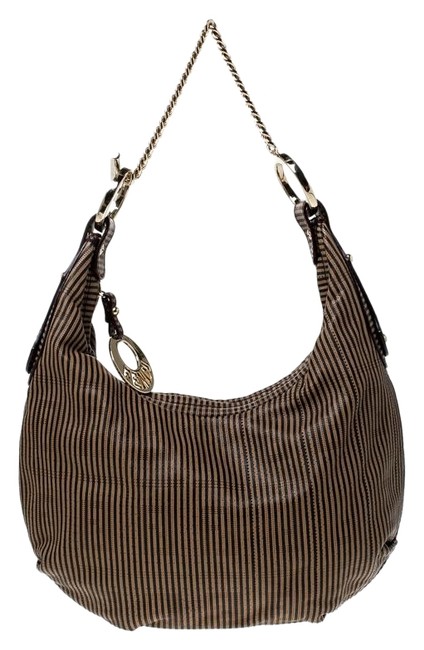 Fendi BrownBlack Stripe Perforated Chef Chain Brown Leather Hobo Bag 