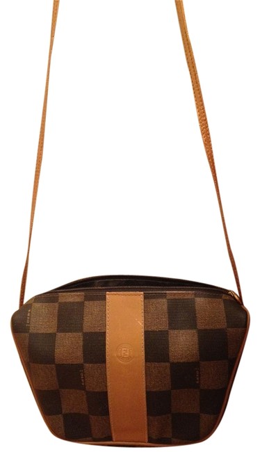 Fendi BrownCheckered Pattern Leather Cross Body Bag 
