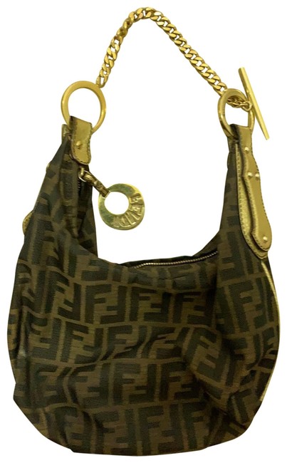Fendi BrownGold Chef Chain Link Zucca Print CanvasLeather Hobo Bag 