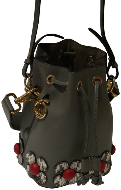 Fendi Bucket Mini Mon Tresor Flower Grey Leather Cross Body Bag 