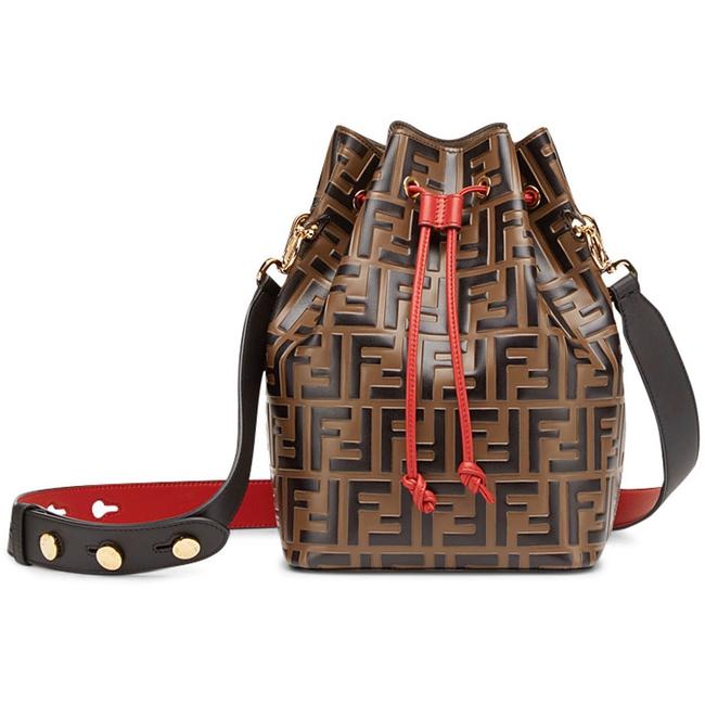 Fendi Bucket Mon Tresor Black Brown Gold Red Calfskin Leather Cross Body Bag 