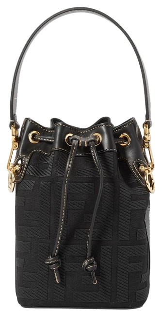 Fendi Bucket Mon Tresor Mini Leather Trimmed Logo Black Denim Cross Body Bag 