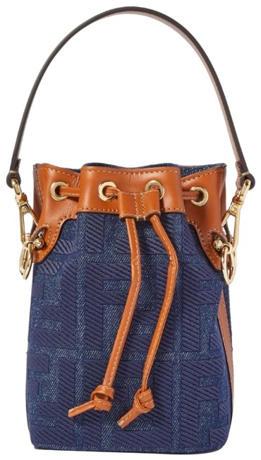 Fendi Bucket Mon Tresor Mini Leather Trimmed Logo Denim Cross Body Bag 