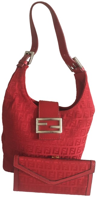 Fendi Bucket Vintage with Matching Wallet Deep Red Fabric Satchel 