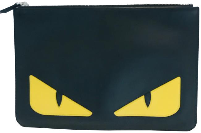 Fendi Bugs Zip Pouch Black Leather Clutch 