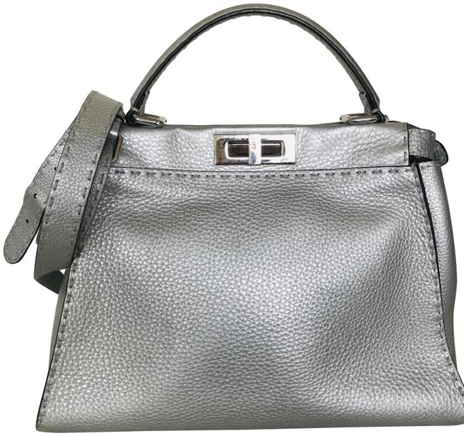 Fendi Calfskin Romano Medium Selleria Peekaboo Iconic Silver Leather Satchel 