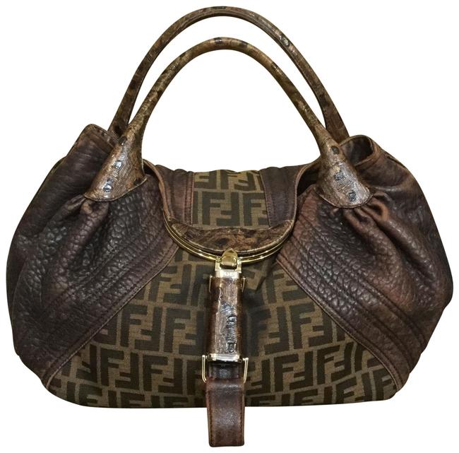 Fendi Canvas Tortoise Spy Handbag Brown Leather Satchel 