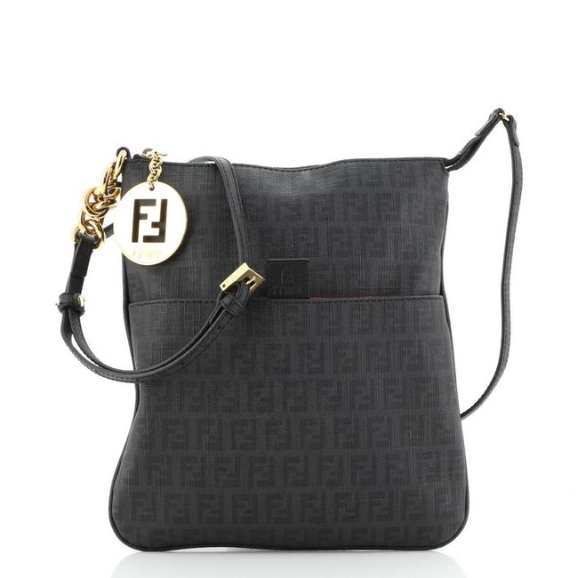 Fendi Charm Zip Zucchino Small Black Canvas Coated Cross Body Bag 