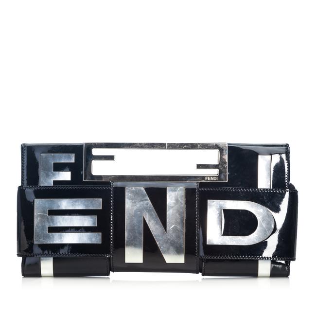 Fendi Crossword Patent Italy Black Leather Clutch 