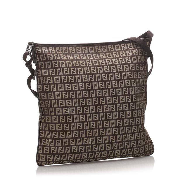 Fendi Dark Zucchino Canvas Brown Leather Cross Body Bag 