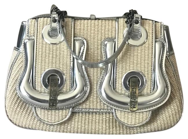 Fendi Double Buckle Silver Straw Leather Satchel 