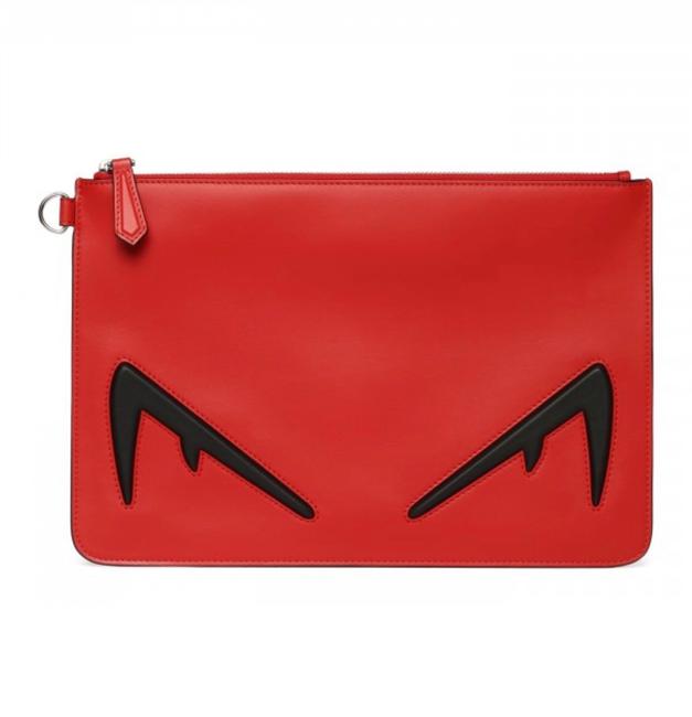 Fendi Eyes Pouch Red Black Leather Clutch 
