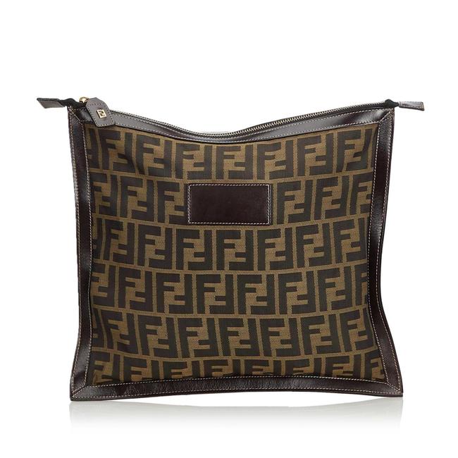 Fendi Fabric Zucca Italy Brown Canvas Leather Clutch 