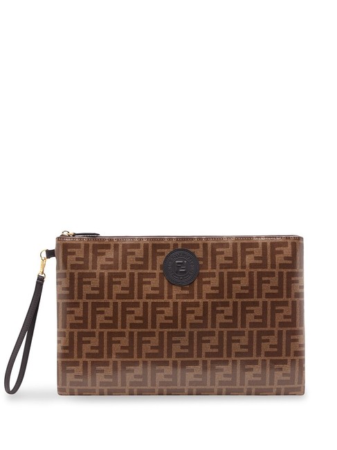 Fendi Ff Logo Large Flat Pouch Brown Clutch 
