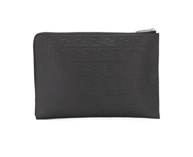 Fendi Ff Logo Pouch Black Leather Clutch 