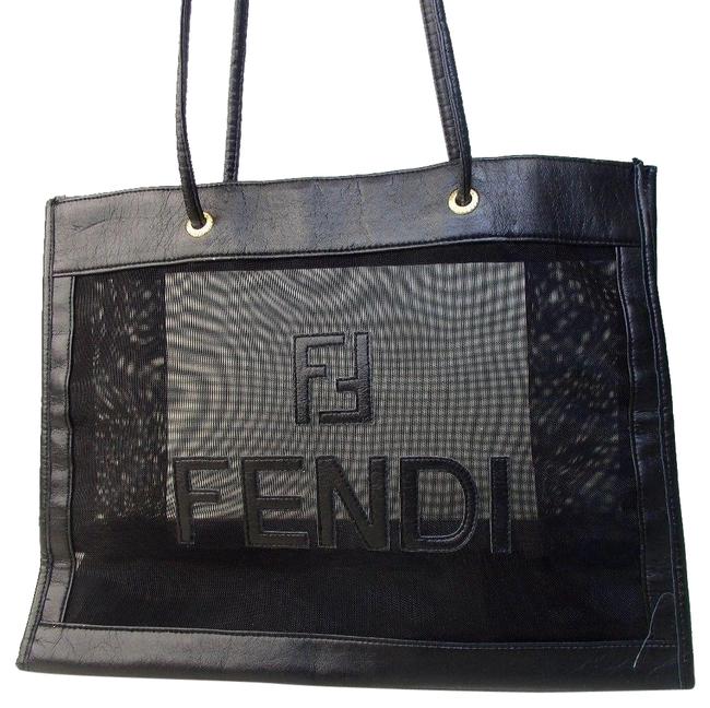 Fendi Tote Ff Logo See Through Black Nylon Mesh with Leather Hobo Bag 