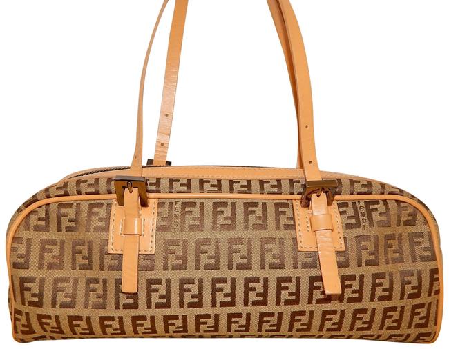 Fendi Ff Zucca Peach Leather Small Italy Khaki Canvas Satchel 