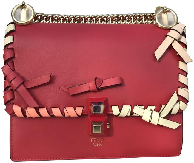 Fendi Flap Whipstitch Kan Double Strap Red Leather Cross Body Bag 