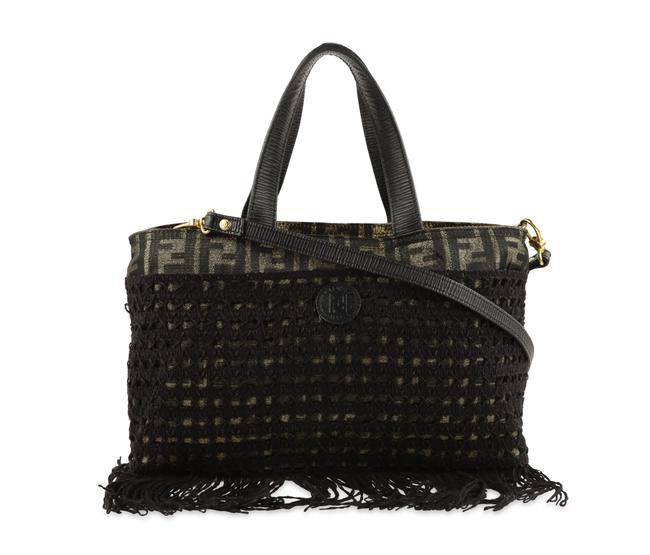 Fendi Fringe Convertible Zucca Black Canvas Satchel 