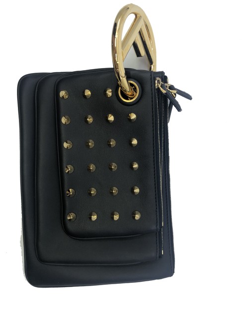 Fendi Gold Studded Triplette Multi 8bs001 Black Leather Clutch 