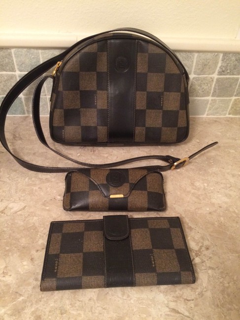 Fendi Half Moon Checkerboard Coated Canvas  Leather Lining Cross Body Bag 